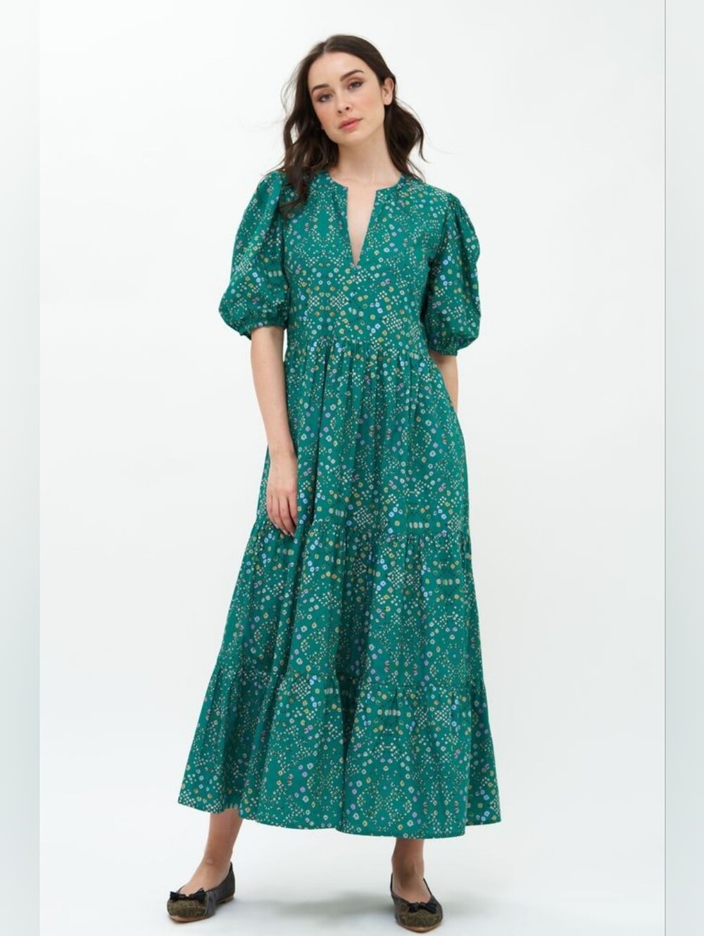 Oliphant Puff Sleeve Maxi Dress Shibori Green Size L Tiered Pockets Cotton Boho